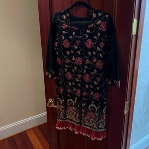 Floral Embroidered Black and Red Salwar Kameez/Kurta